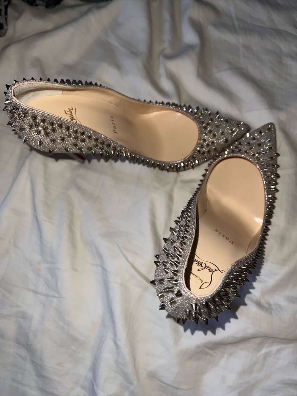 Christian Louboutin Silver Crystal Studded Pointed-Toe Flats - Picture 2 of 3